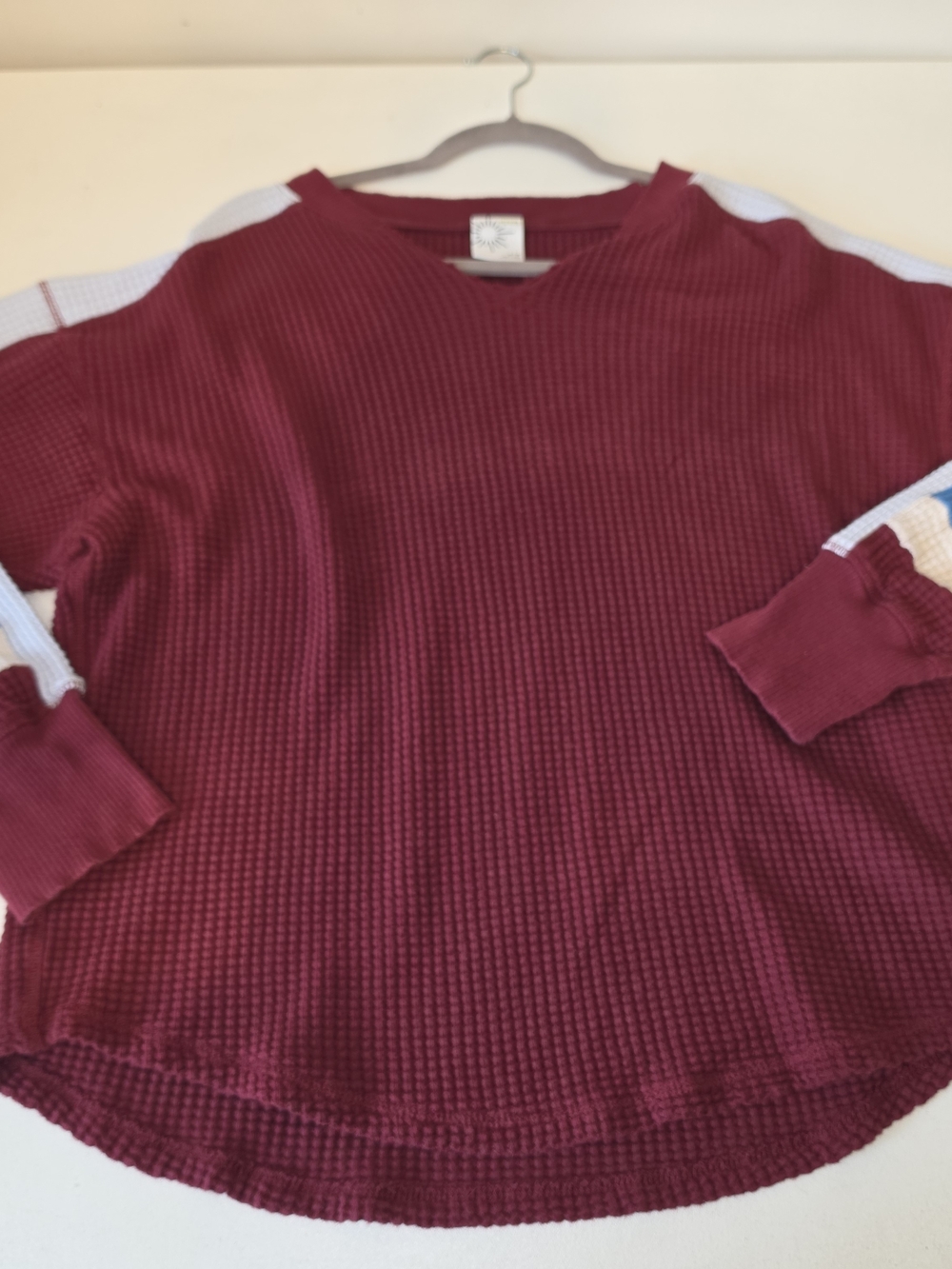 aerie Burgundy Waffle V-Neck Sweater with White Shoulder Stripes